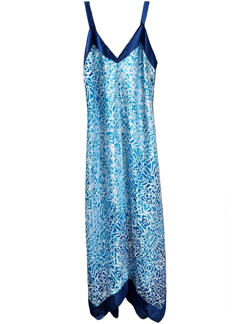 Oscar de la Renta Blue Patterned Satin Maxi Nightgown Slip Dress with Navy Trim